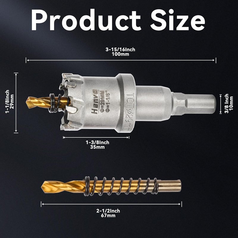Henvo Hole Saw 1-1/8" (29mm) Heavy Duty Carbide with 2 Pilot Drill Bits - Metal Hole Cutter Cuts Stainless Steel, Iron, Copper, Brass, Plastic - Image 2